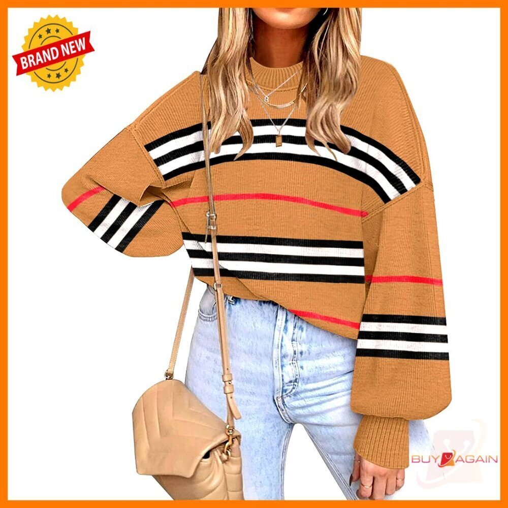 Oversized Batwing Sweater Long Sleeve Side Slit Knit Pullover Crew Neck Striped